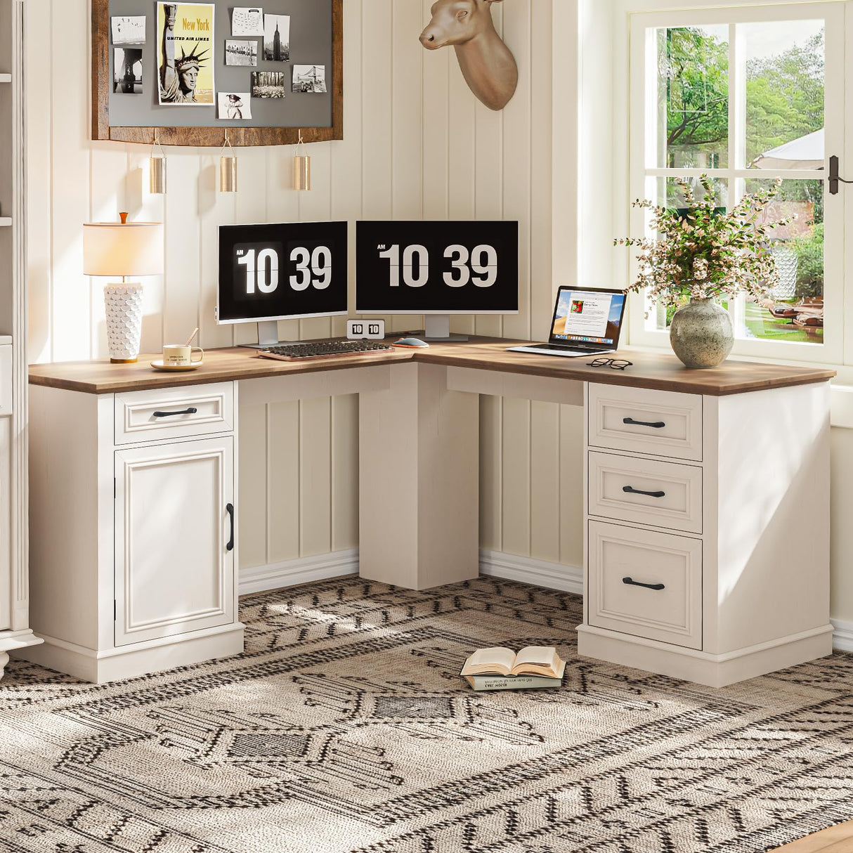 Farmhouse 59" L-Shaped Executive Desk with Drawers, Wood Home Office Corner Desk with Charging Station, File Drawer, Storage Cabinet, Rustic Computer Writing Desk for Home Office (Antique White). Vabches
