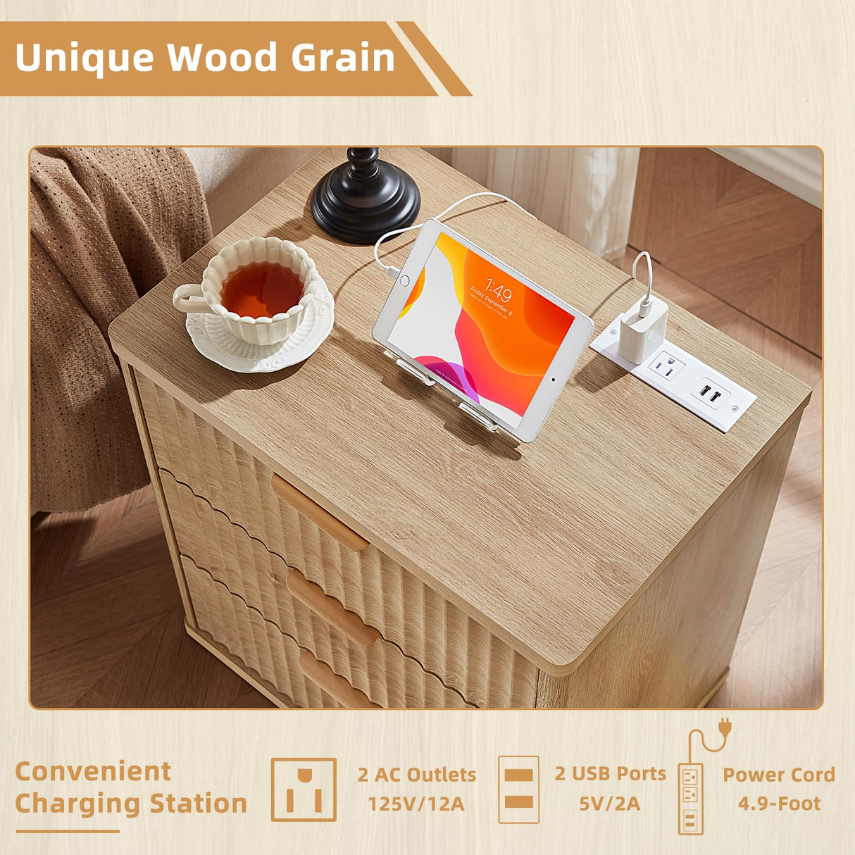 LEYAOYAO 23" Wide Fluted Farmhouse Night Stand Set of 2 with Charging Station, 3 Drawers Large End Table w/Metal Handle, Natural Nightstand Bedside Table,Wood Dresser for Bedroom, Closet LEYAOYAO