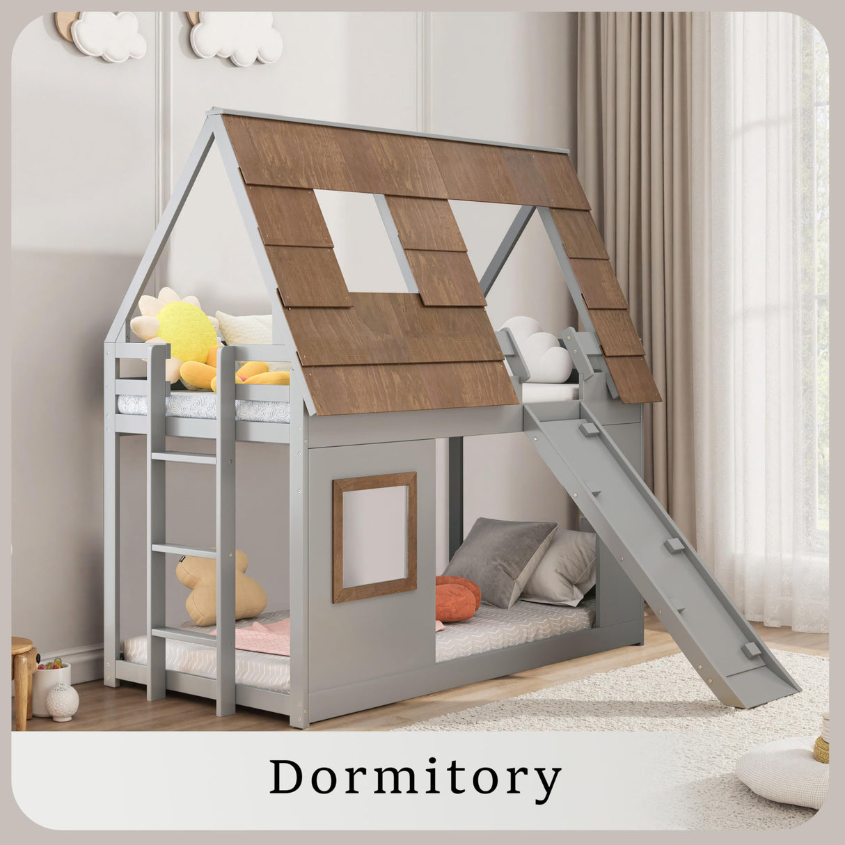 DGSPVCT Twin Over Twin House Bunk Bed for Kids, Wood Bunk Bed Frame with Window Roof Design and Guardrail, Montessori Floor Bunk Bed Frame with Climbing Ramp & Ladder, for Boys Girls, Gray DGSPVCT