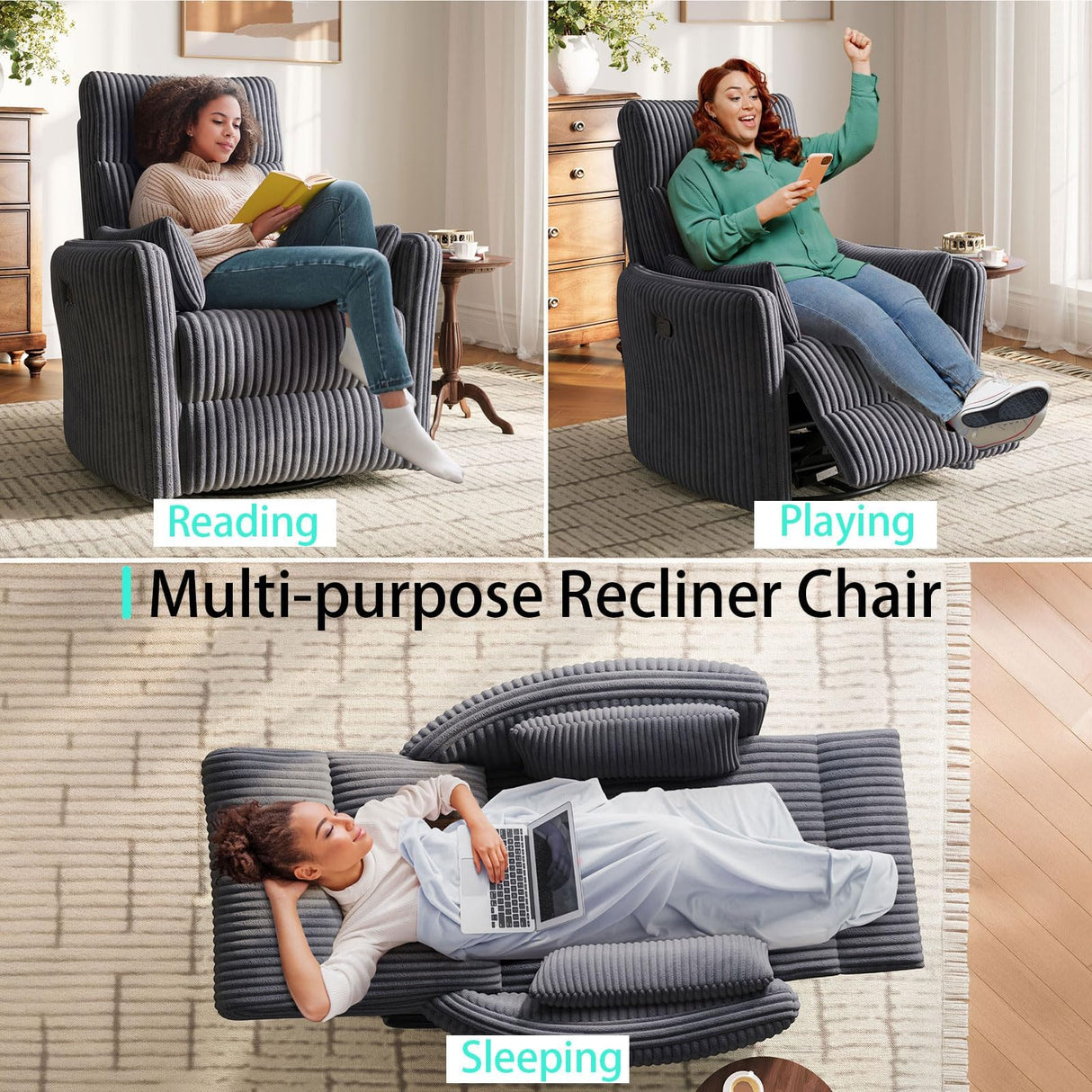 LINSY 360 Swivel Nursery Recliner - Corduroy Glider Rocking Chair with 2 Pillows, Comfy High Back Adult Recliner for Small Spaces, Nursery Bedroom Living Room Reclining Chairs, Grey LINSY