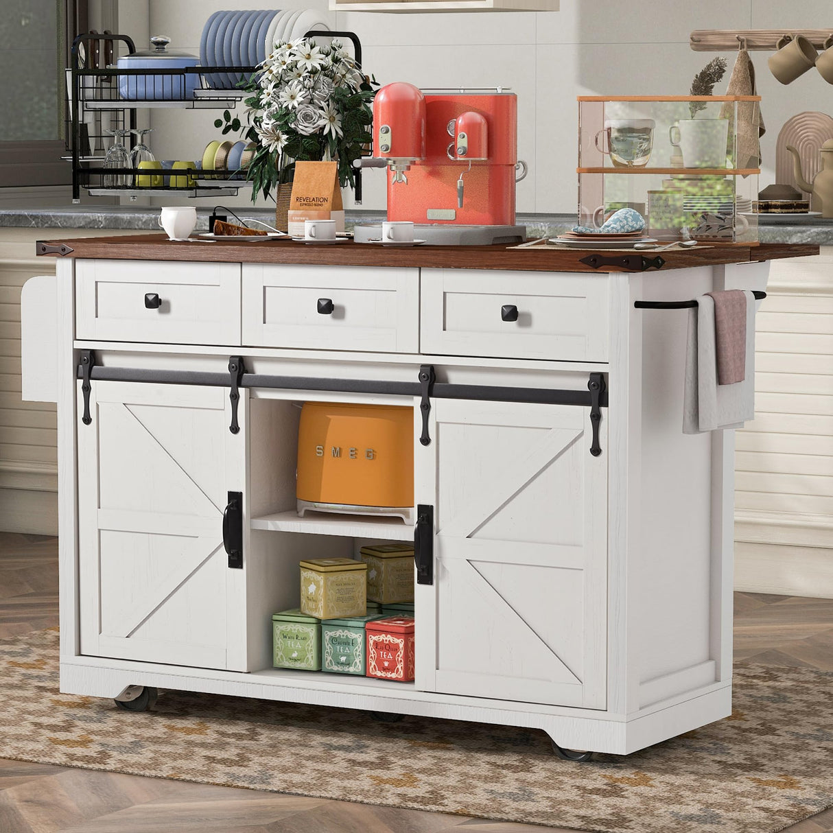 MEETFAV 53.7" Farmhouse Kitchen Island With Power Outlet and Sliding Barn Doors, Rustic Storage Island With Drop Leaf, Rolling Cart With Drawers and Spice Rack for Dining Room MEETFAV