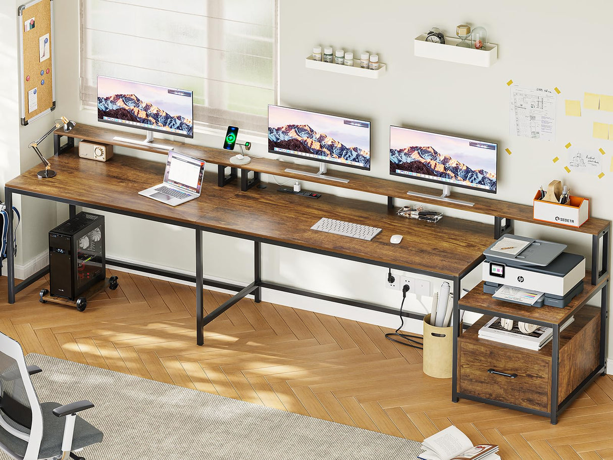 SEDETA L Shaped Desk, 66" Home Office Desk with File Drawer & Power Outlet, Gaming Desk with Led Lights, Corner Computer Desk with Monitor Shelf, Printer Storage Shelves, Two Person Desk, Rustic Brown SEDETA