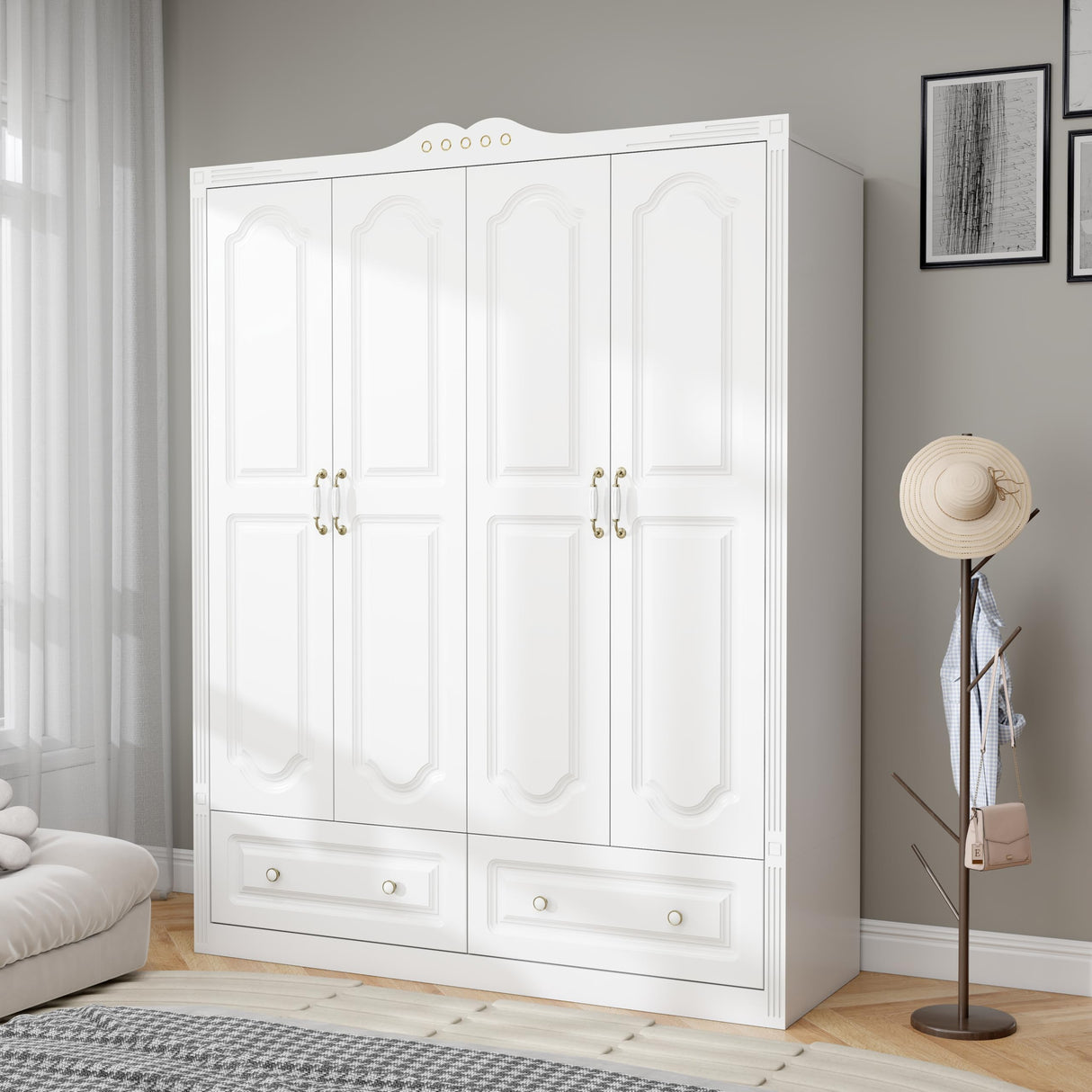 LABROSKIA White Armoire Wardrobe Closet with Drawers: 74" Large Wardrobe Closet with 4 Doors and 2 Drawers, Bedroom Armoires with Hanging Rod, Wooden Armoire Closets for Hanging Clothes (White, 59") LABROSKIA