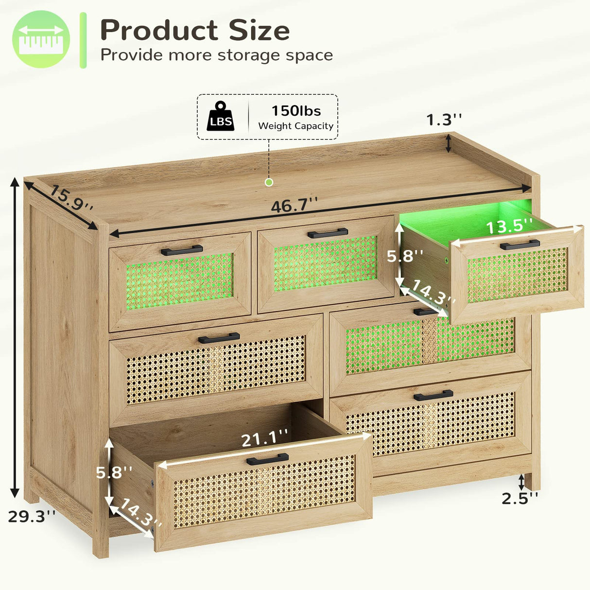 Rattan Dresser for Bedroom with LED Lights, Modern Drawer Dresser with Metal Handles, Wood Storage Chest of Drawers Dresser for Closet, Bedroom, Living Room, Hallway MSmask