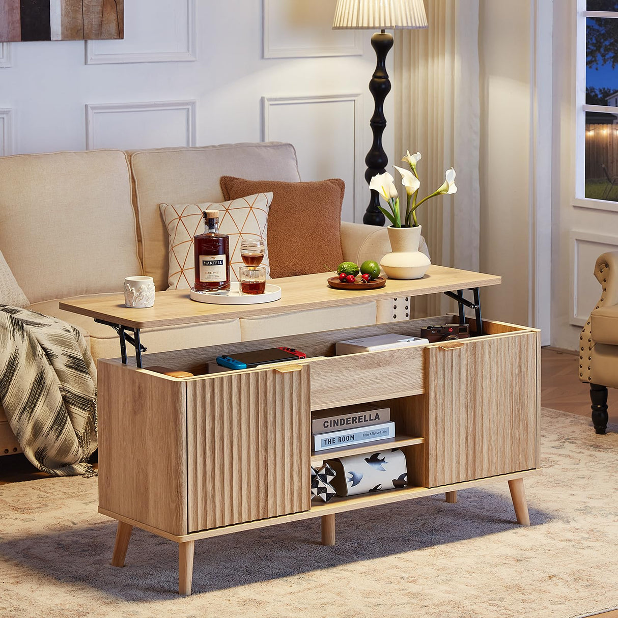 LEYAOYAO 48" Fluted Lift Top Coffee Table with Hidden Storage & Adjustable Shelves, Lifting Tabletop Large Rectangular Coffee Tables, Mid Century Modern Wood Center Table for Living Room, Natural LEYAOYAO