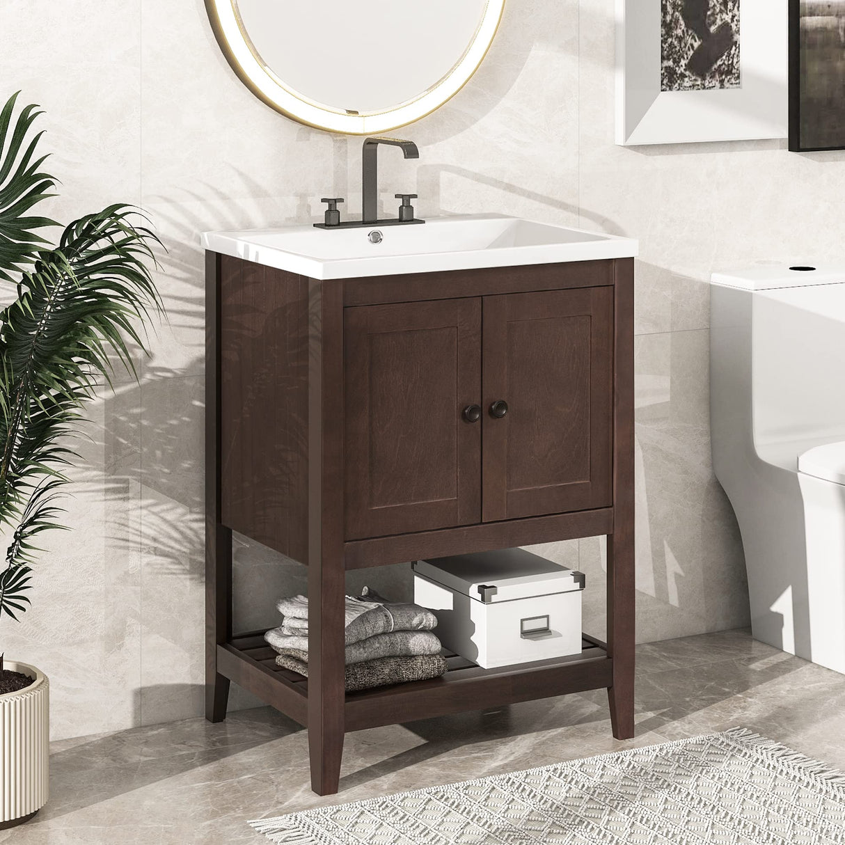 24 Inch Bathroom Vanity with Sink Set Combo, Cabinet with Doors and Open Shelf, Solid Wood Frame with Painted Finish, Modern Style Merax