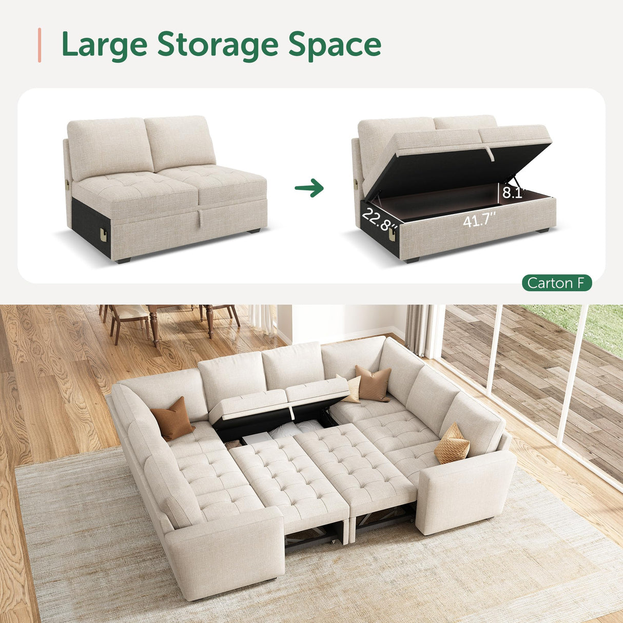 HONBAY Modular Sectional Sleeper Sofa with Pull Out Bed, Linen Convertible U Shaped Sectional Couch with Storage Seat, Sectional Couches for Living Room, Beige HONBAY