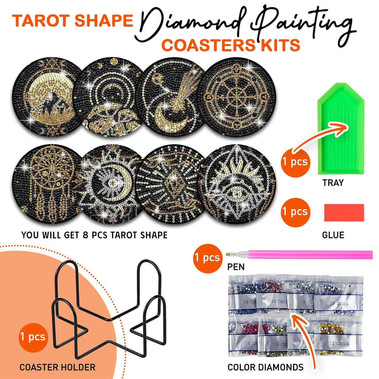 8 pcs Diamond Painting Coasters | Diamond Art Coasters | Tarot Diamond Art Painting | Perfect Art Craft Gift for Tarot Lover, Dad, Mom, Grandparents, Brother, Sister. LGANHAPY