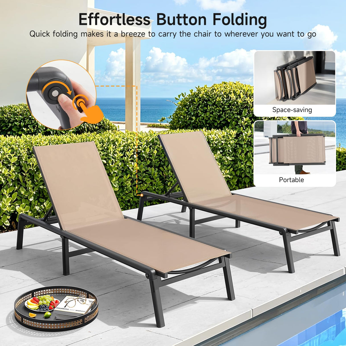 ONBRILL Aluminum Chaise Lounge Chair Outdoor, Foldable & Assembly Free Outdoor Lounge Chair with 5 Position Adjustable Backrest, Patio Pool Lounge Chairs for Outside Poolside Beach Lawn, 1PC, Khaki ONBRILL