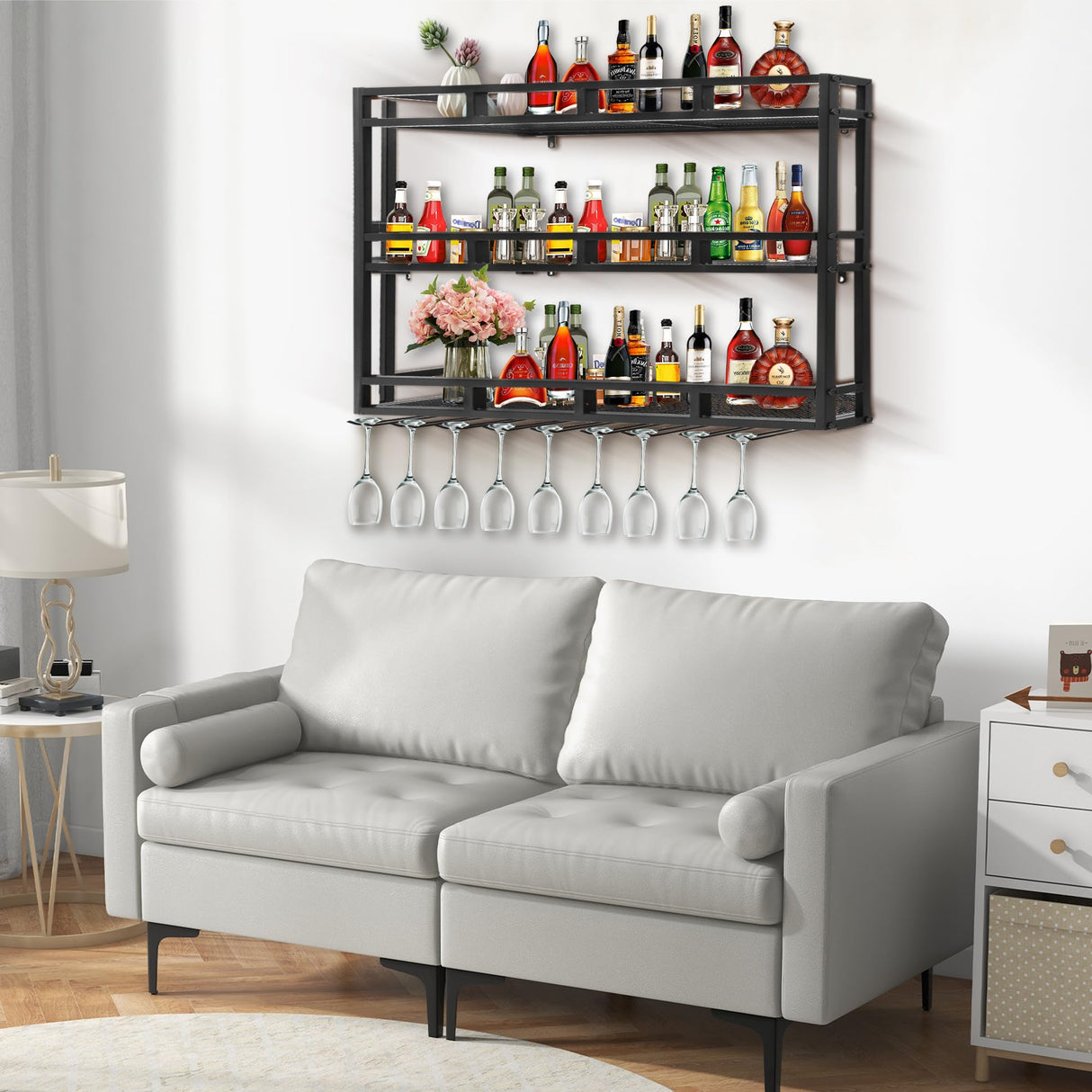 HFTUW Metal Wine Rack Wall Mounted, Bar Shelves for Liquor Bottles with LED Light, 3 Tier Large Capacity Liquor Rack Wall Mounted with Glass Holder for Home Bar & Dining Room (Black, 39in/100cm) HFTUW
