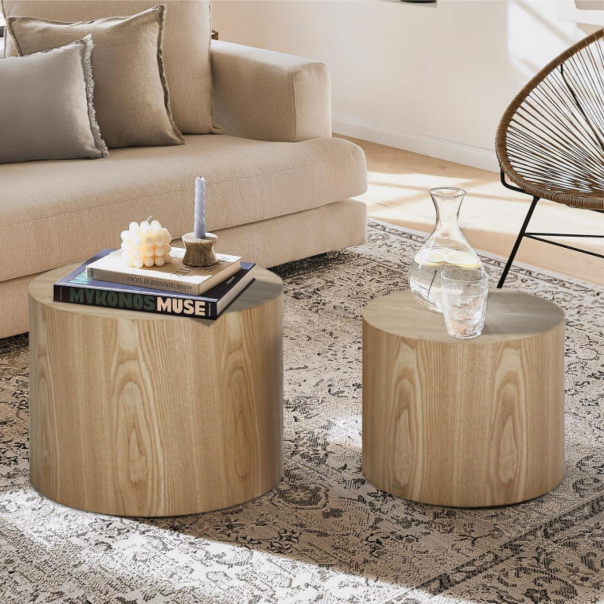 Vanress Nesting Coffee Table Set of 2, Round Coffee Table, Wood Circle Drum Coffee Table Contemporary Living Room End Table for Small Space Living Room (Wood Color) Vanress