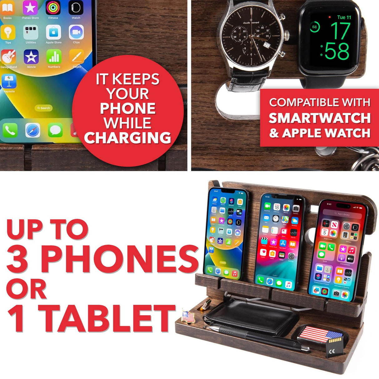 GRETAOTO Personalized Wood Docking Station for Cell Phone, Tablet, Wallet, Watch, Keys, Desk Nightstand Organizer, Valentines Day, Gifts for Men (Deep Brown) Greta Oto