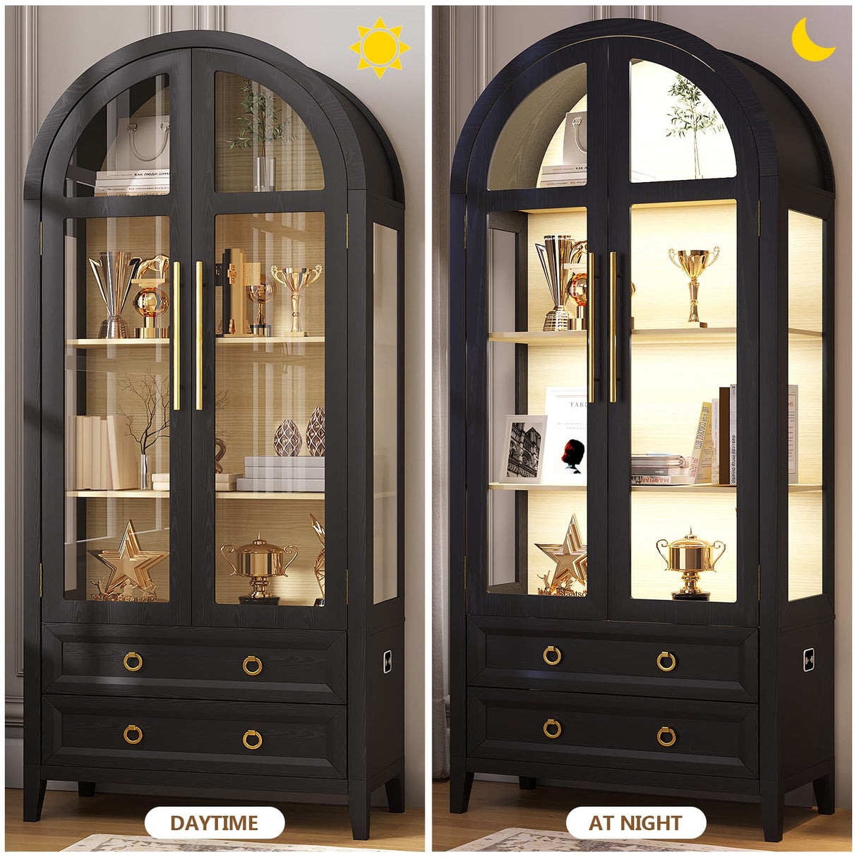 LVSOMT 71" Tall Arched Storage Cabinet with Glass Doors and Drawers, Curio Display Cabinet with Adjustable LED Light & Human Sensor, 4-Tier China Cabinet for Living Room(Black+Wood) LVSOMT