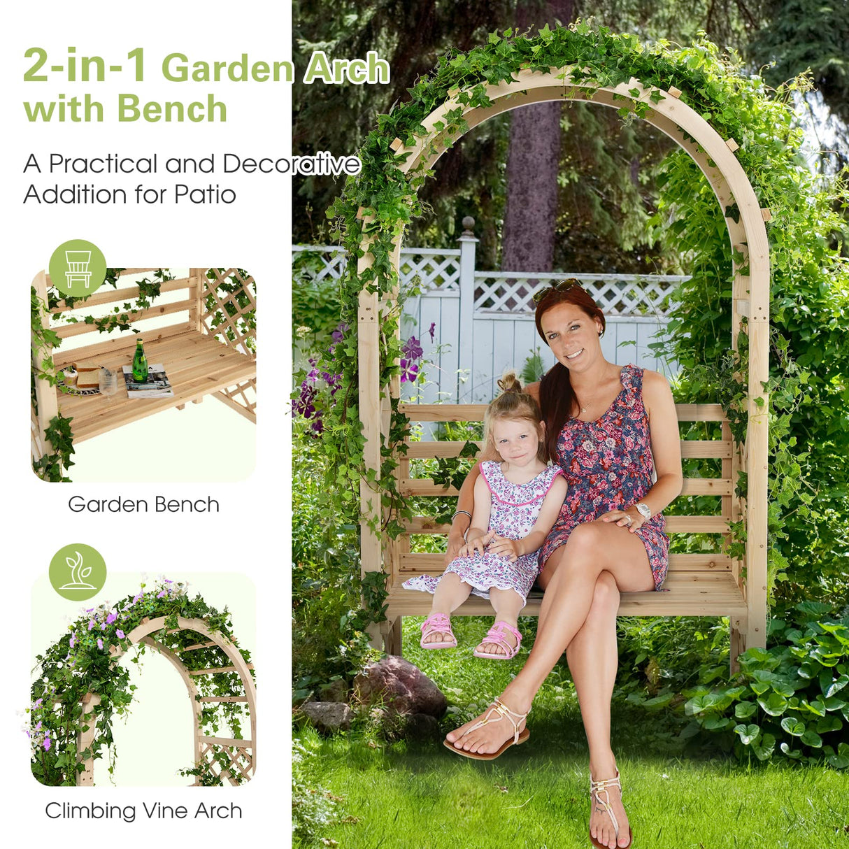 Tangkula 81.5 Inch Wooden Arch with 2 Person Bench, Garden Arbor with Trellis for Climbing Plants, Fir Wood Outdoor Decoration Garden Archway for Vines, Flowers, Wedding, Bridal Party, Ceremony Tangkula
