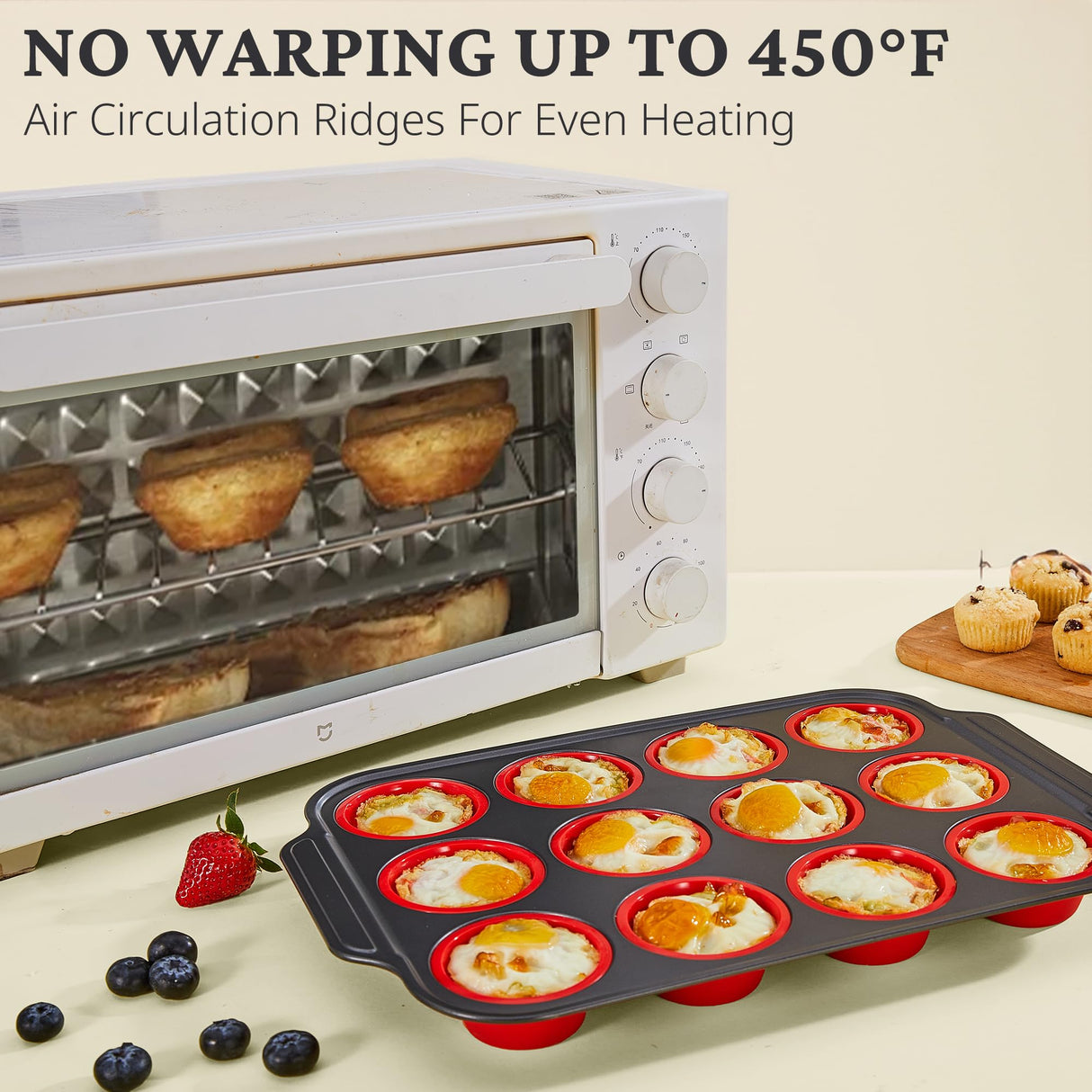 BRONYPRO Silicone Muffin Pan with Metal Frame, Egg Bite Molds for Baking, Cupcake Pans 12 Regular Size, Muffin Tins Easy to Pop Nonstick Non Toxic Bakeware for Oven, Red BRONYPRO