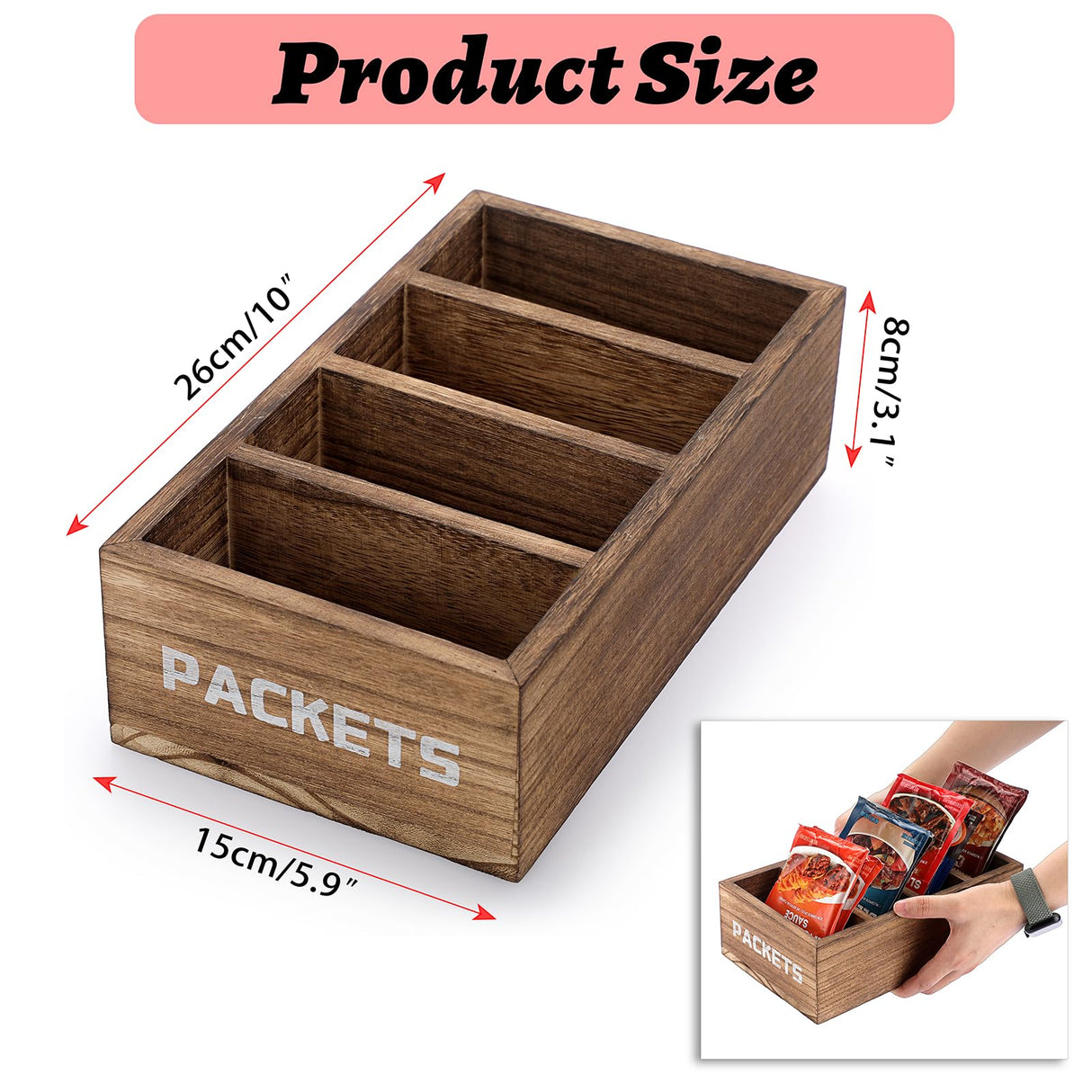 BSTKEY Seasoning Packet Organizer, Food Packet Storage Organizer with 4 Compartments, Wooden Storage Caddy for Kitchen Pantry Cabinet, Farmhouse Kitchen Organization Bins for Snacks Spice Packets BSTKEY