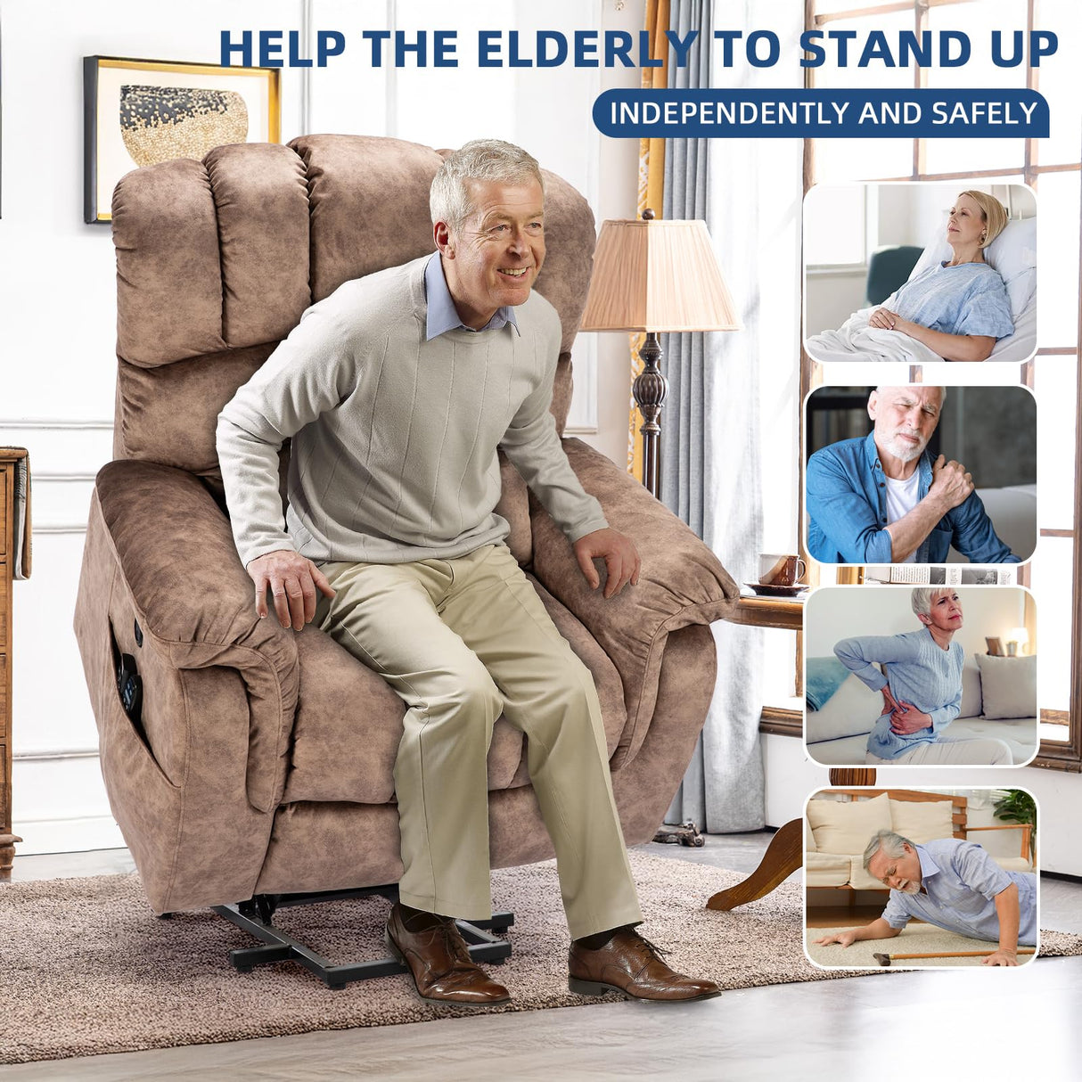 SOCIALCOMFY Large Tall Man Power Lift Recliner Chair with Massage & Heat, Dual Motor Lay Flat Electric Lift Sleeper Recliner w/Extended Footrest, Lumbar Pillow, USB & Type-C Ports, Pocket,Plush Brown SOCIALCOMFY