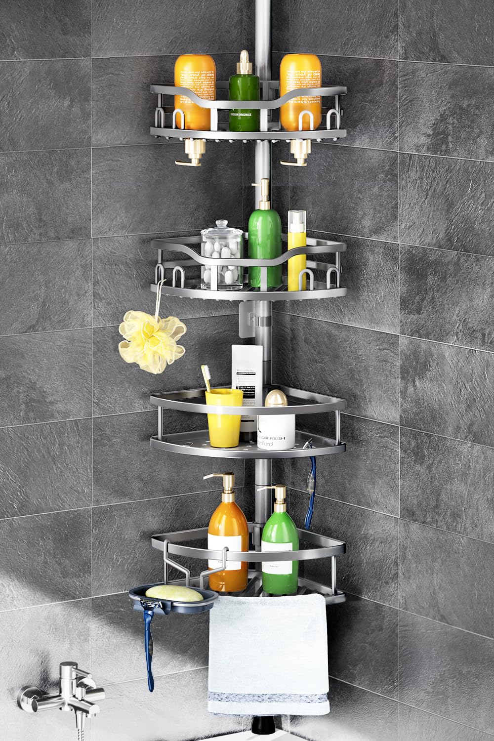 HAMITOR Corner Shower Caddy Tension Pole: Rustproof 4-Tier Bathroom Organizer Shelves for Bathtub Shampoo Storage - 47-121 Inch Quick Install Adjustable Rod Standing Rack with Soap Rack - Silver Gray HAMITOR