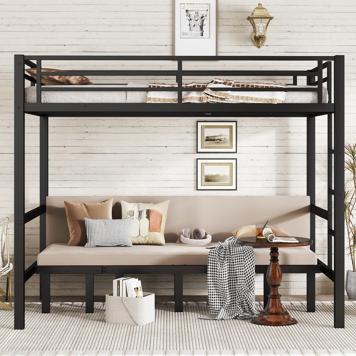 Full Over Full Bunk Bed for Adults, Heavy Duty Bunk Bed can Turns into Full Size Loft Bed with U-Shaped Sofa, Adults Bunk Bed with Safety Rails and Side Ladder, Black(Not Include Cushion) Bellemave