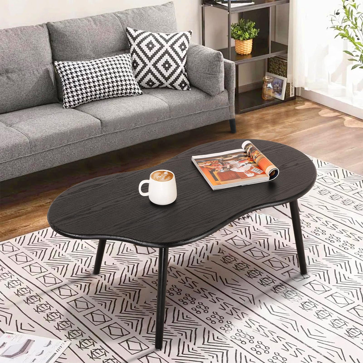Small Coffee Table Black Cloud Coffee Table for Small Spaces Modern Center Table Unique Irregular Coffee Table with Wood Legs Living Room Mid-Century Sofa Table FEUFOAM