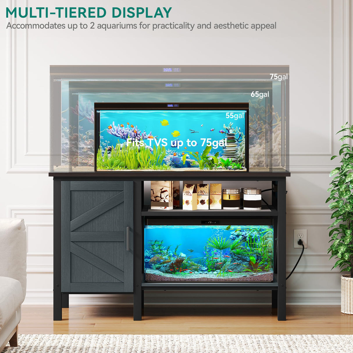 YITAHOME 55-75 Gallon aquarium stand with Power Outlets, Heavy Duty Metal Fish Tank Stand, Cabinet for Fish Tank Accessories Storage suitable for Fish Tank, Turtle Tank, 880LBS Capacity, Black YITAHOME