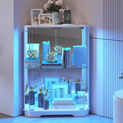 TAGELIER Corner Cabinet with Glass Doors, Small Storage Cabinet with LED Lights and Charging Station, 2-Tier Curio Cabinet with Storage for Living Room, Bedroom or Kitchen, White