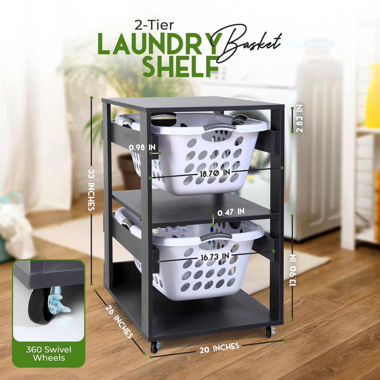 Laundry Basket Holder Shelf (2-Tier) - Stackable Engineered Wood Laundry Tower with Wheels, Tiered Laundry Hamper Organizer for Bathroom, Bedroom LEAPOAK