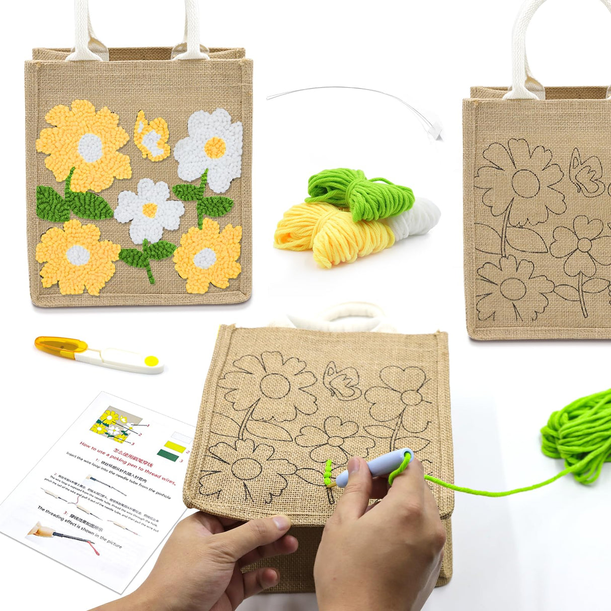 Groodo Punch Needle Kit for Beginners, Easy DIY Embroidery Set for Kids & Adults Complete Embroidery Tote Bag Set with Punch Needle Tool & Easy Instructions Groodo