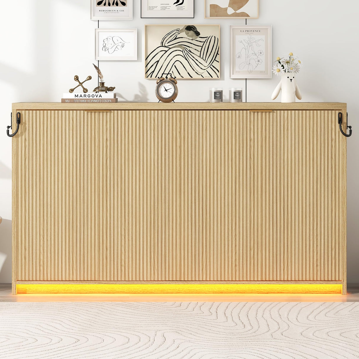 Twin XL Horizontal Murphy Bed with LED Lighting,Wood Space-Saving Hideaway Folding Fluted Murphy Wall Bed Cabinet for Adults MERITLINE