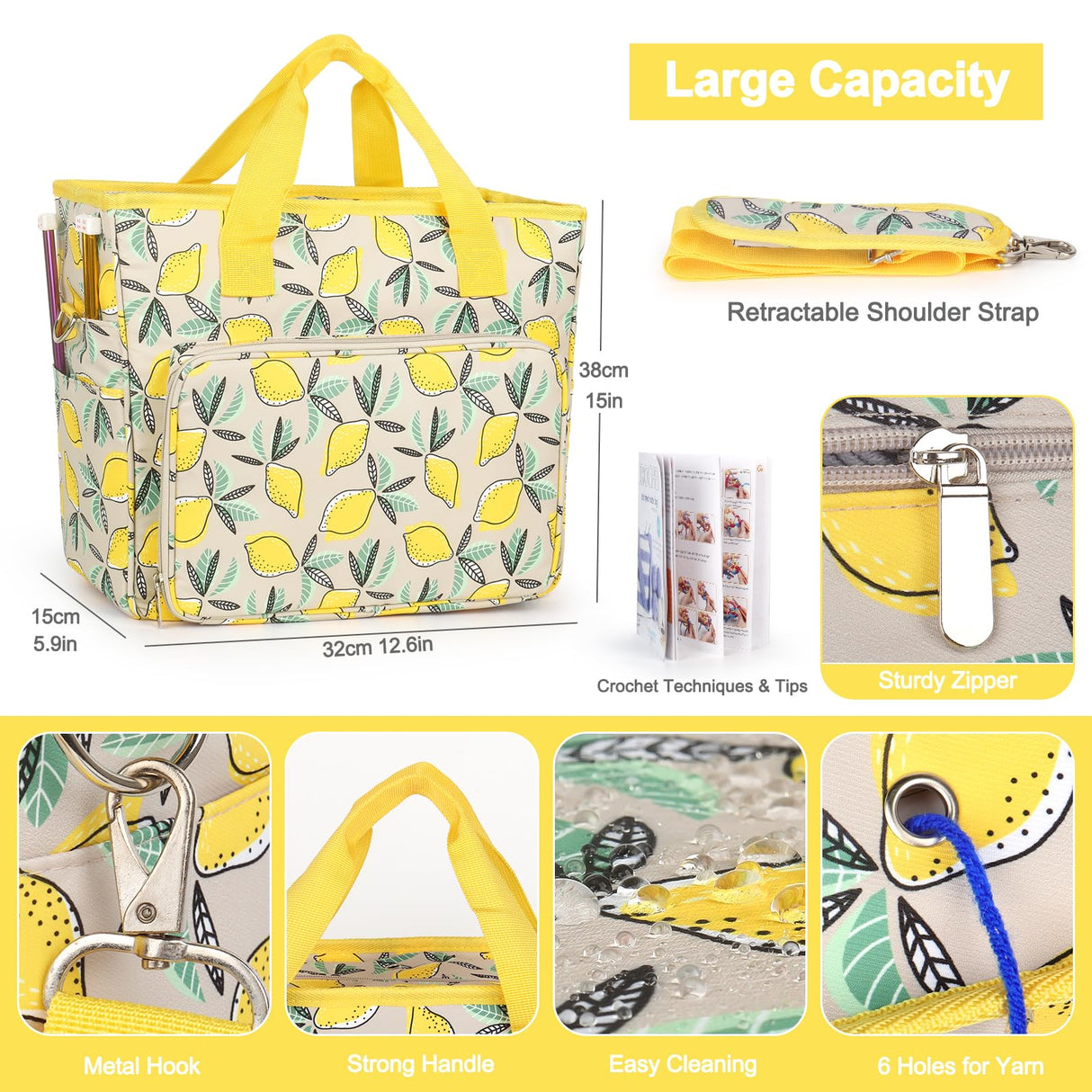 Katech Crochet Bag with Beginner Crochet Books, Large Capacity Yarn Storage Organizer Crochet Tote Bag for Carry Projects Crochet Supplies Knitting Accessories, Yarn Storage Bag with Shoulder Strap Katech