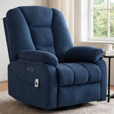Sftaiyou Power Swivel Rocker Recliner Chair for Adults,Rocking Recliners Chairs with Massage and Heat for Living Room, Electric Fabric Reclining Sofa Chair with USB and Type-C Port (Blue)