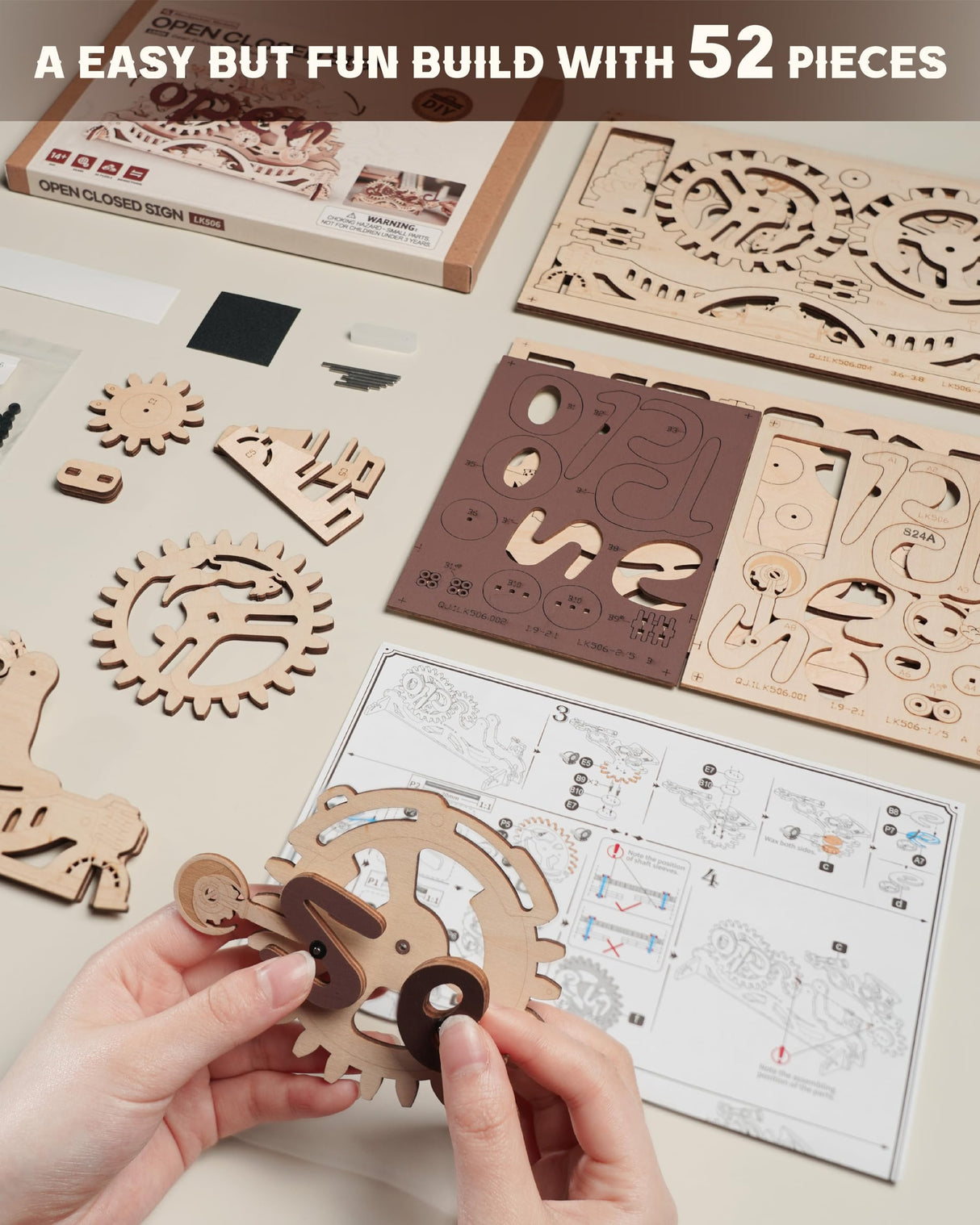 ROBOTIME LK506 Open Closed Sign 3D Puzzle, Mechanical Wooden Model to Build for Beginners, Wooden Puzzles for Adults & Teens, Home Office Cafe Aesthetic Decor Unique Gift ROBOTIME