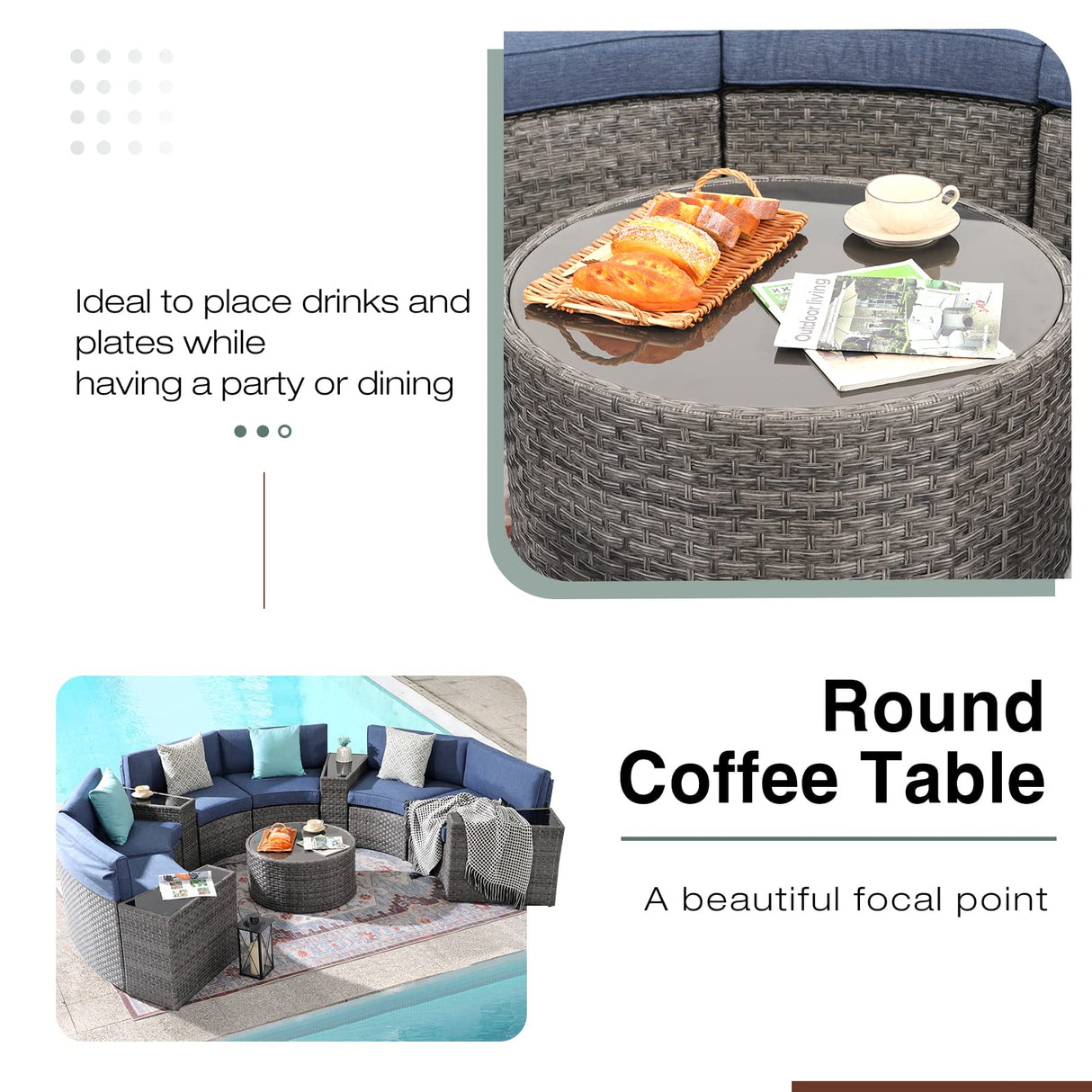 SUNSITT Outdoor Patio Furniture 11-Piece Half-Moon Sectional Round Patio Furniture Set Curved Outdoor Sofa with Tempered Glass Round Coffee Table, 4 Pillows, Grey Rattan & Denim Blue Cushion SUNSITT