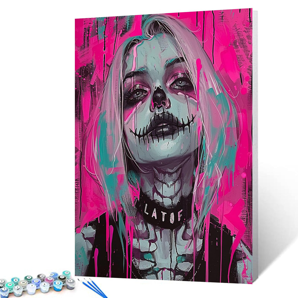 Grotesque Pink Decorations DIY Painting by Numbers for Adults Beginner,Split Mouth Clown Girl Paint by Number on Canvas Easy to Paint for Beginner Gothic Unique Graffiti Without Frame 16''X20'' Tucocoo