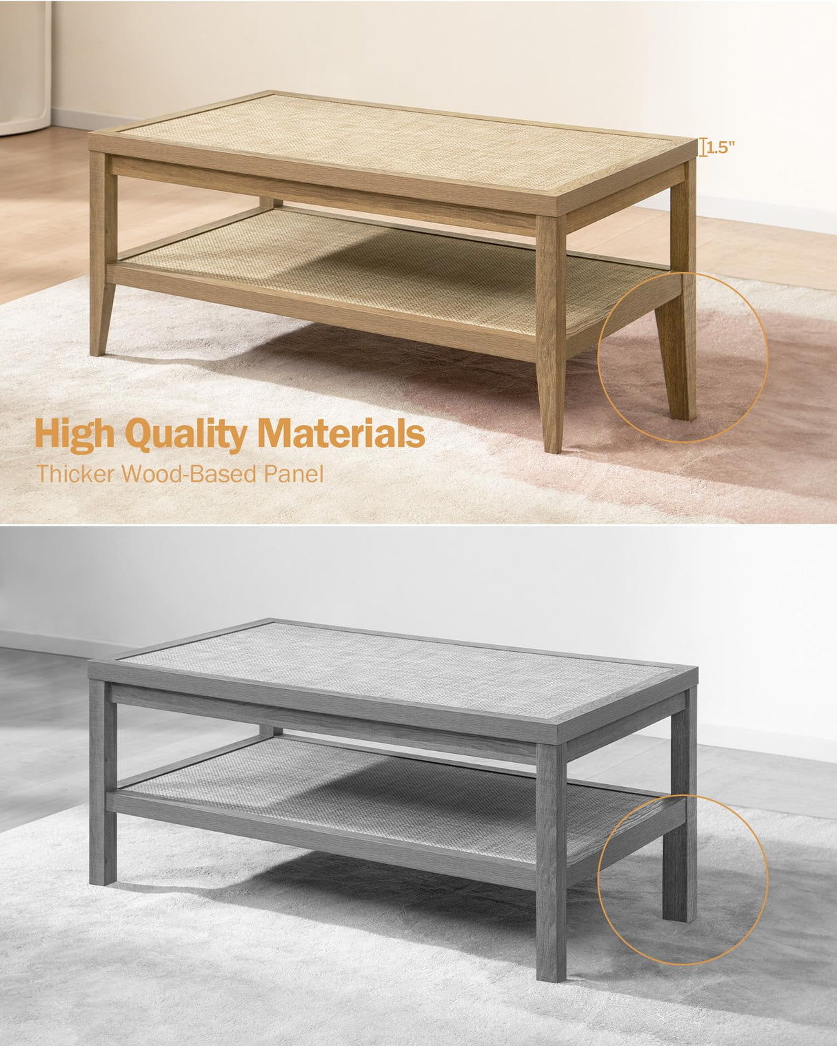 SICOTAS Rattan Coffee Table for Living Room - Boho Rectangle Center Coffee Tables with 2-Tier Rattan Storage Shelves - Accent Sofa Side Table for Small Space SICOTAS