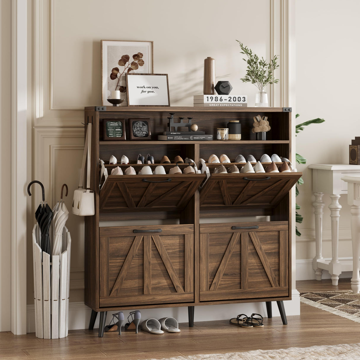 Shoe Cabinet Wtih 4 Flip Drawers,Shoe Storage Cabinet for Entryway,Freestanding Shoe Cabinet Organizer with Open Storage,Farmhouse Narrow Shoe Cabinet with Legs,Dark Walnut Halitaa