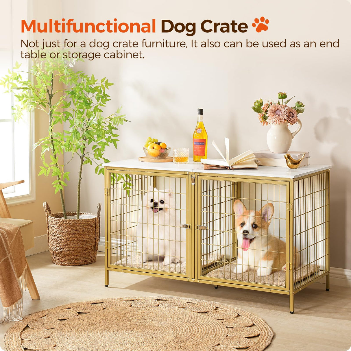 MAHANCRIS Dog Crate Furniture for 2 Dogs, 43.3" Dog Kennel with Removable Divider, Heavy Duty Wooden Dog Kennel for Small Medium Dog, Indoor Dog Cage End Table with Double Doors, White DCJW1201 MAHANCRIS