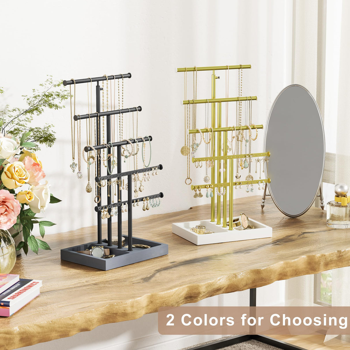 Love-KANKEI Jewelry Organizer Stand,5 Tier Large Necklace Holder with Wood Base,Jewelry holder stand Tree for Display,Bracelets Earrings Rings,Height Adjustable Gift Weathered Grey Love-KANKEI