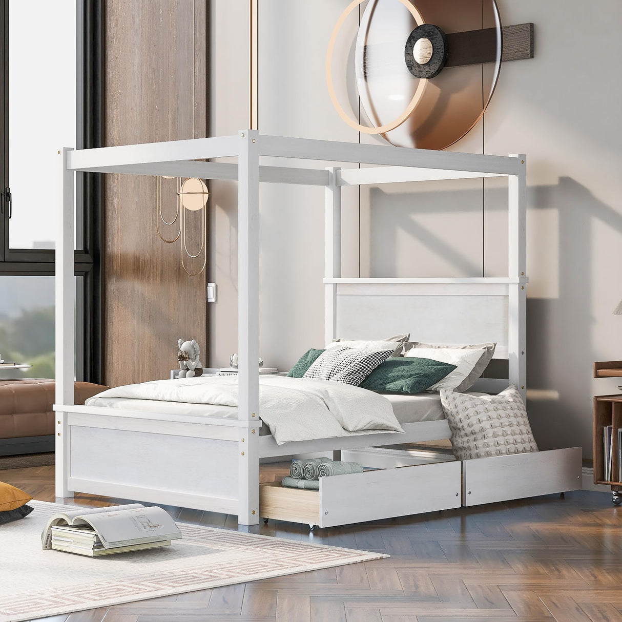 Full Size Canopy Bed with 2 Storage Drawers, 4-Post Wood Full Platform Bed Frame with Headboard, No Box Spring Needed (Full, Brushed White) Bellemave