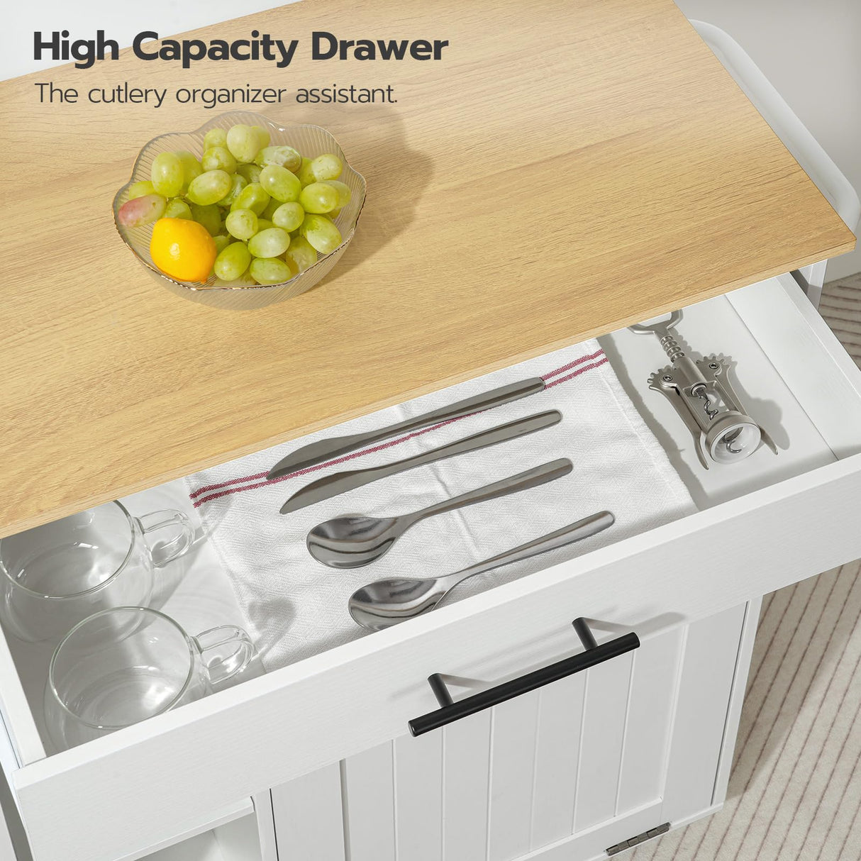 HOOBRO Kitchen Island with Trash Can Storage, Rolling Kitchen Island on Wheels, Kitchen Storage Island with Power Outlet, Mobile Islands Table for 10 Gallon Garbage Bin, White and Natural WN80UZD01 HOOBRO