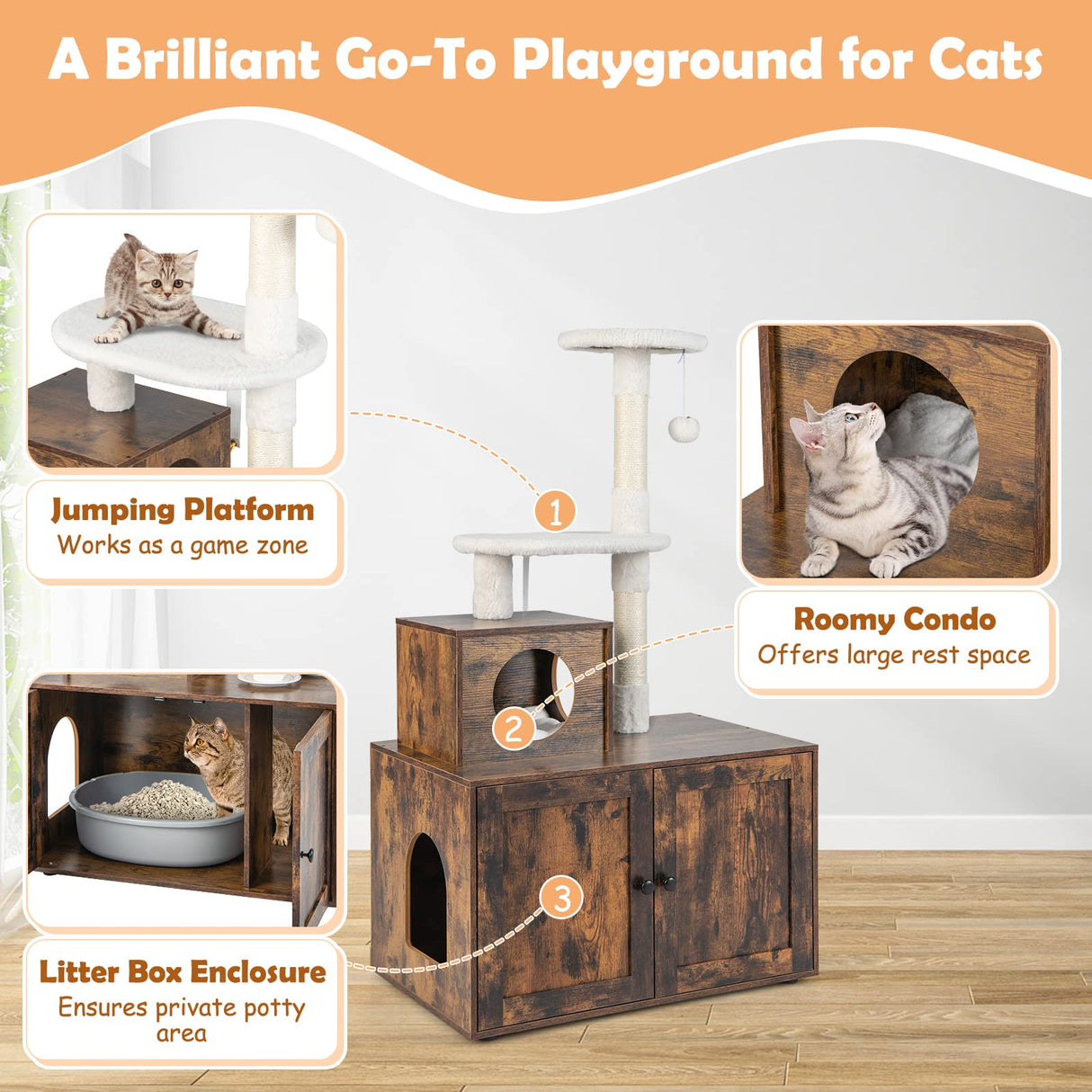 Giantex Litter Box Enclosure with Cat Tree, Cat Washroom Hidden Furniture with Cat Tower, Scratching Posts, Cat Condo, Jingling Ball, Air Vents, Wooden Pet Crate House (Rustic Brown) Giantex