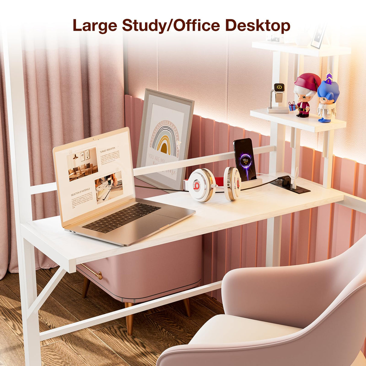 IKIFLY Metal Twin Loft Bed with Desk and Storage Shelves, LED Lights & Charging Station, Loft Bed Frame with 13.4” Guardrail and Ladder, Large Fabric Basket, Clothes Rail, No Box Spring Needed, White IKIFLY