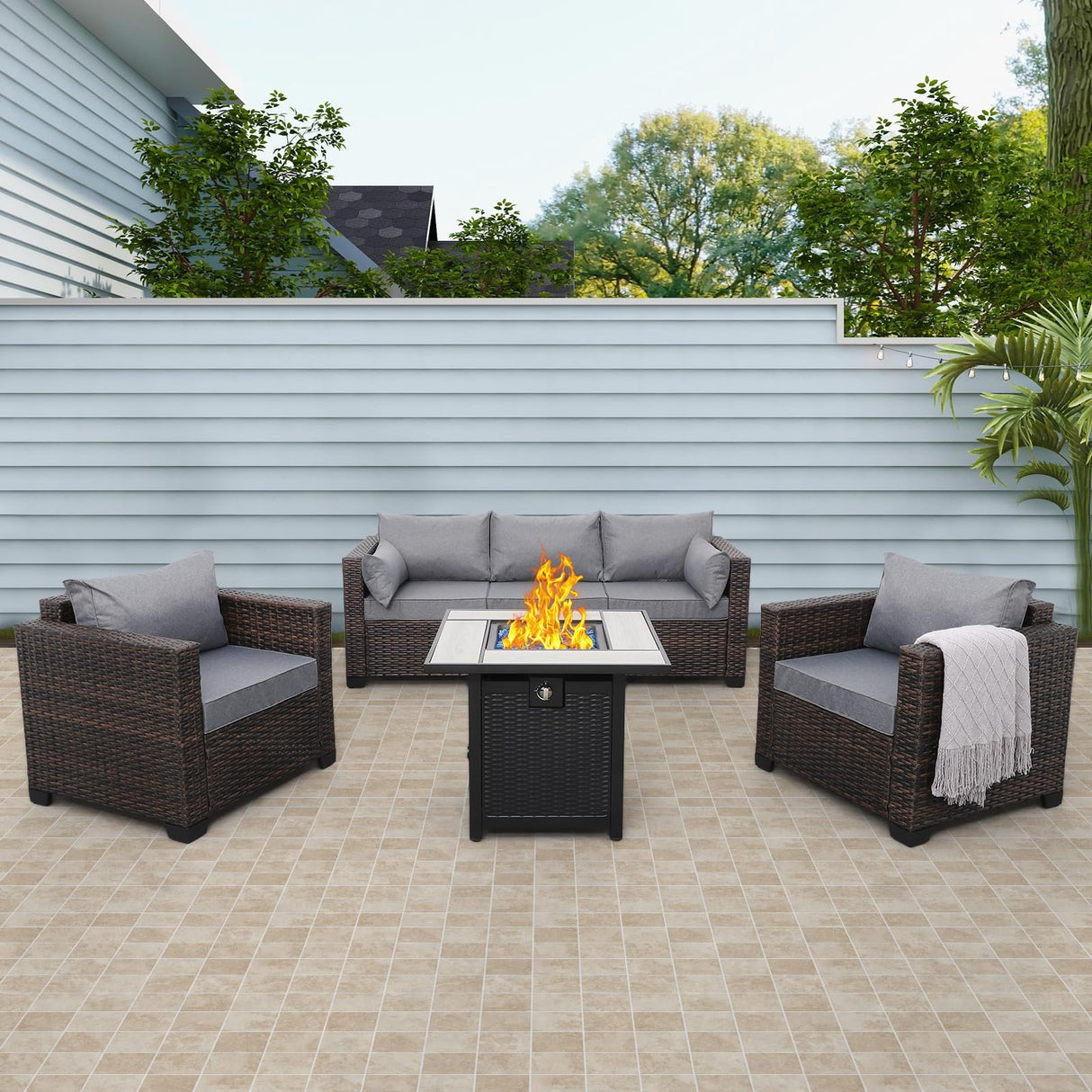 Valita Patio Rattan Furniture Set 4-Piece Outdoor PE Wicker Conversation Couch, Brown Sectional Sofa Couch with 50,000BTU Adjustable Fire Pit Table Non-Slip and Washable Gray Cushions Valita
