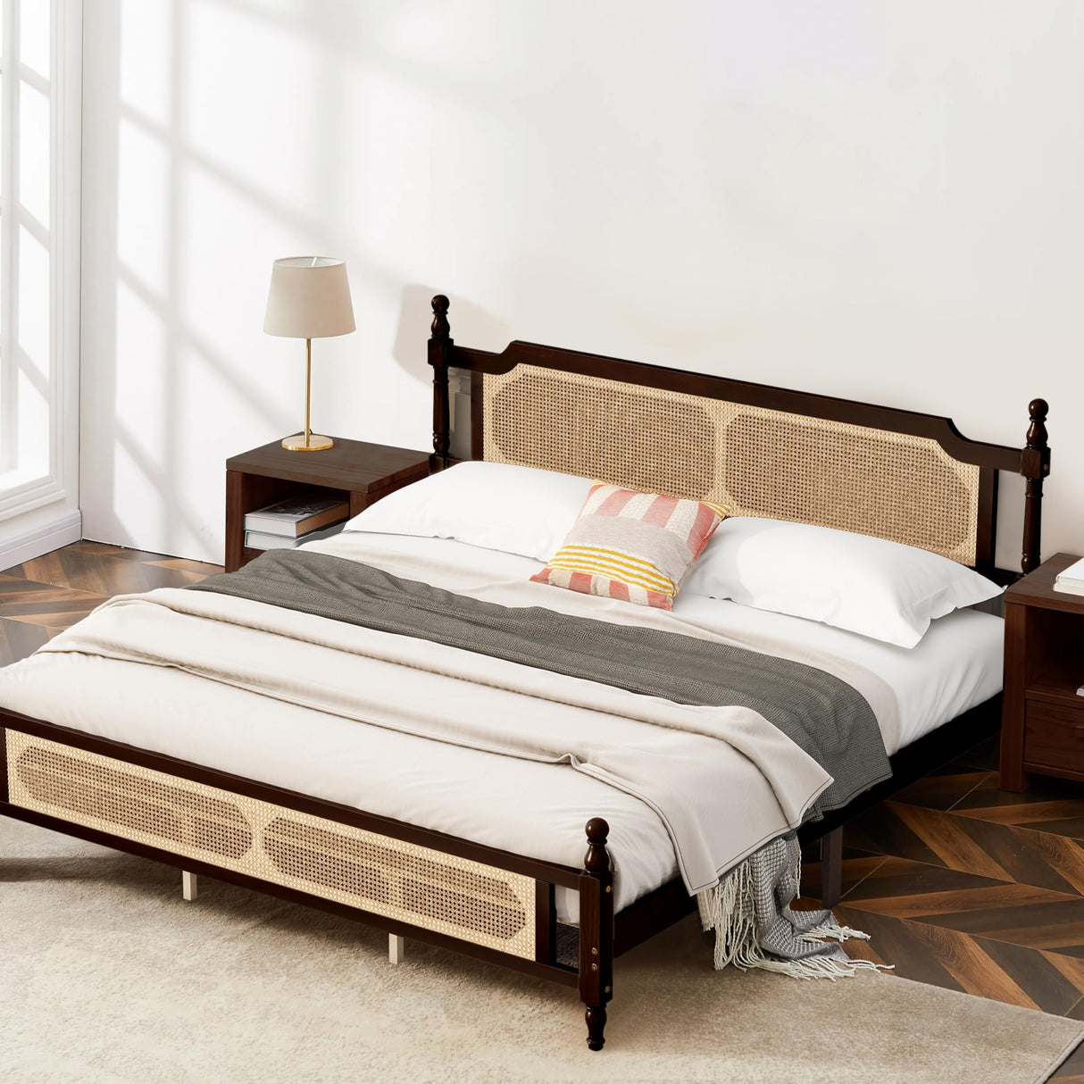 Pine Wood Bed Frame with Rattan Headboard, King Size - Modern Farmhouse Platform Bed, Sturdy Wooden Slat Support, No Box Spring Needed, Easy Assembly, Espresso SSFEG