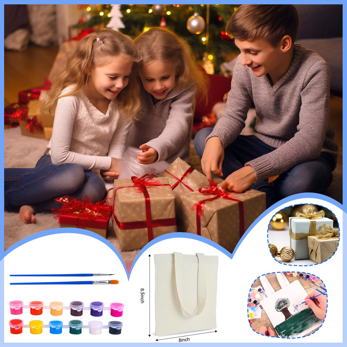 Zioffiel Small Canvas Tote Bags Bulk 24 Pack, Sublimation Tote Bags Blank with Acrylic Paint Set, Reusable Cotton Canvas Bags with Handles, Mini Tote Bag To Decorate DIY Crafts, 8"x8.6" Zioffiel