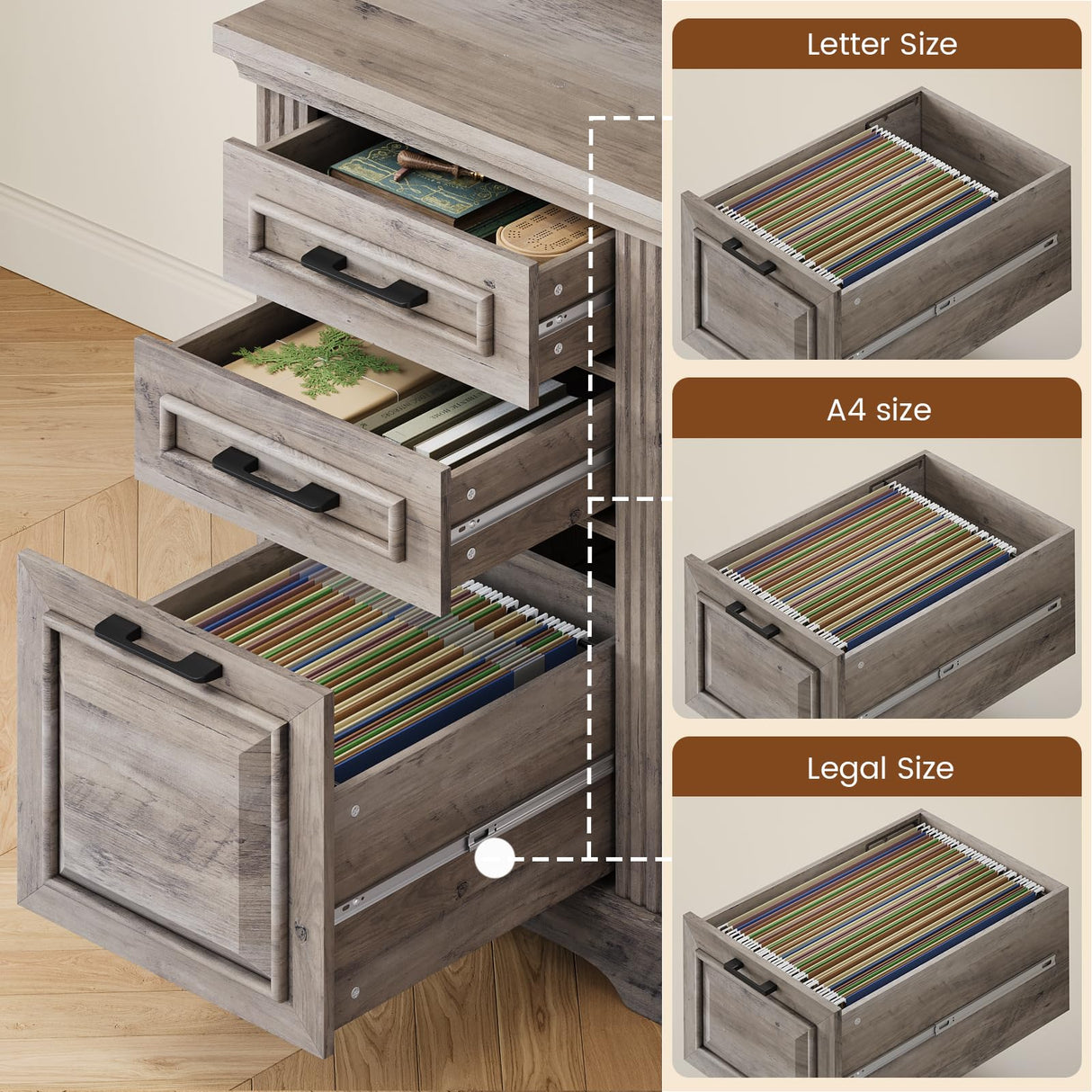 Itaar Farmhouse Executive L Shaped Desk, Home Office Desk with File Drawer and Power Outlet, Computer Corner Desk with Hutch and Drawer, Workstation for Office Home, Grey Itaar