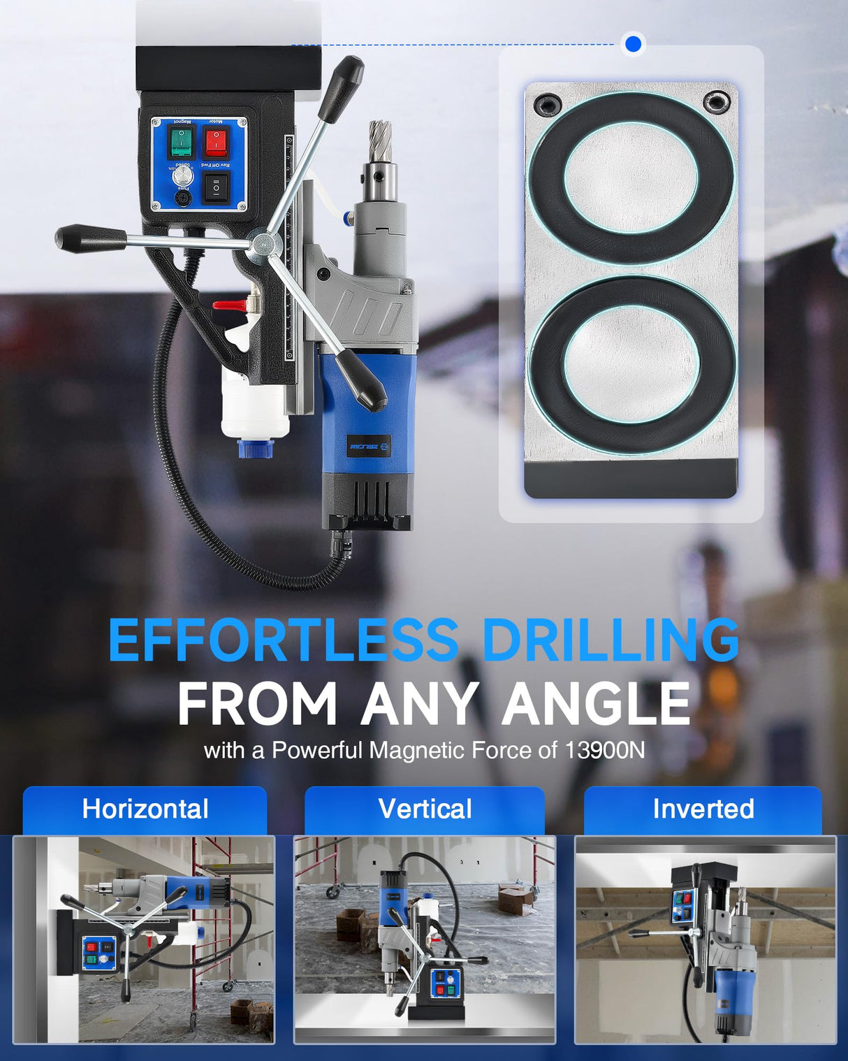 ZELCAN Mag Drill Press with 11 Drill Bits, 1550W Portable Magnetic Drill Press with 2" Boring Diameter, 0-580 rpm Stepless Speed & Reversible Direction, 2922 lbf Drilling Machine for Metal Surface ZELCAN