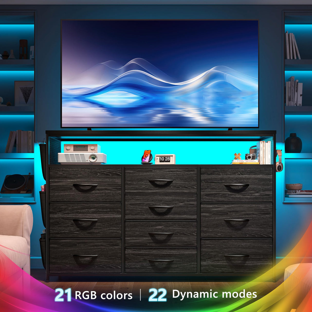 EnHomee 55" Dresser & TV Stand with 10 Fabric Drawers, Wooden Open Shelves, Power Outlets & LED Lights, Multi-Functional Storage Unit for Bedroom, Closet, Black EnHomee