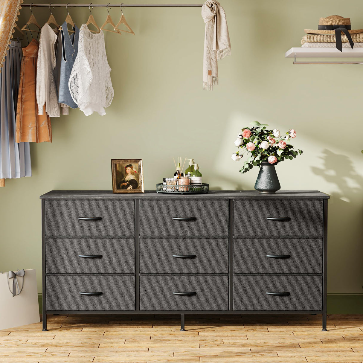 Huuger 9 Drawer Dresser, 47 Inch Dresser TV Stand for 50, 55 Inch TV, Entertainment Center with Drawers, Fabric Dresser Chest of Drawer for Bedroom, Closet, Black Huuger