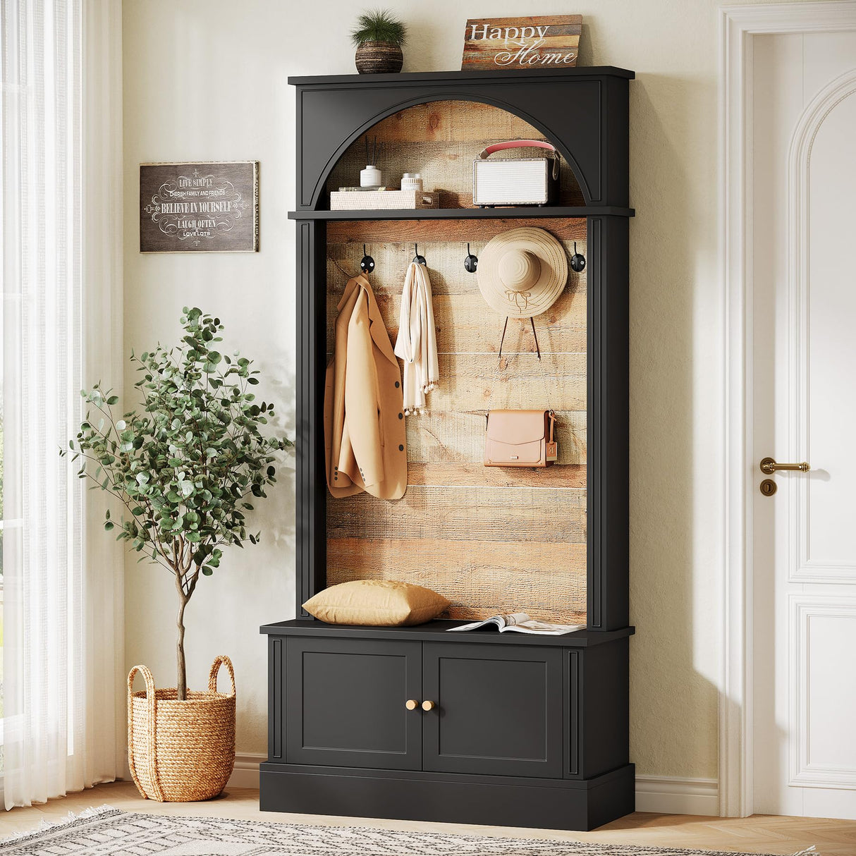 Tribesigns 70.86" Hall Tree with Storage Bench, 4-in-1 Design Entryway Bench with Coat Rack, Farmhouse Hall Tree with 5 Hooks and Adjustable Shoe Storage for Entryway, Hallway(Black+Brown) Tribesigns